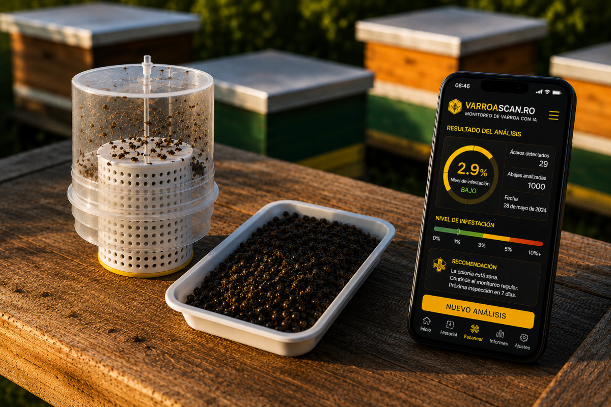 Test paharului cu acarieni Varroa lângă smartphone cu aplicația VarroaScan care arată gradul de infestare 2.9%