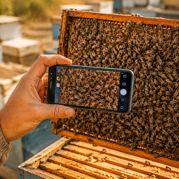Apicultor fotografiază o ramă cu albine pentru analiza Varroa cu VarroaScan