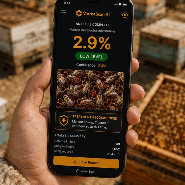 Rezultatul analizei VarroaScan: 2,9% Varroa, nivel scăzut, recomandare de tratament